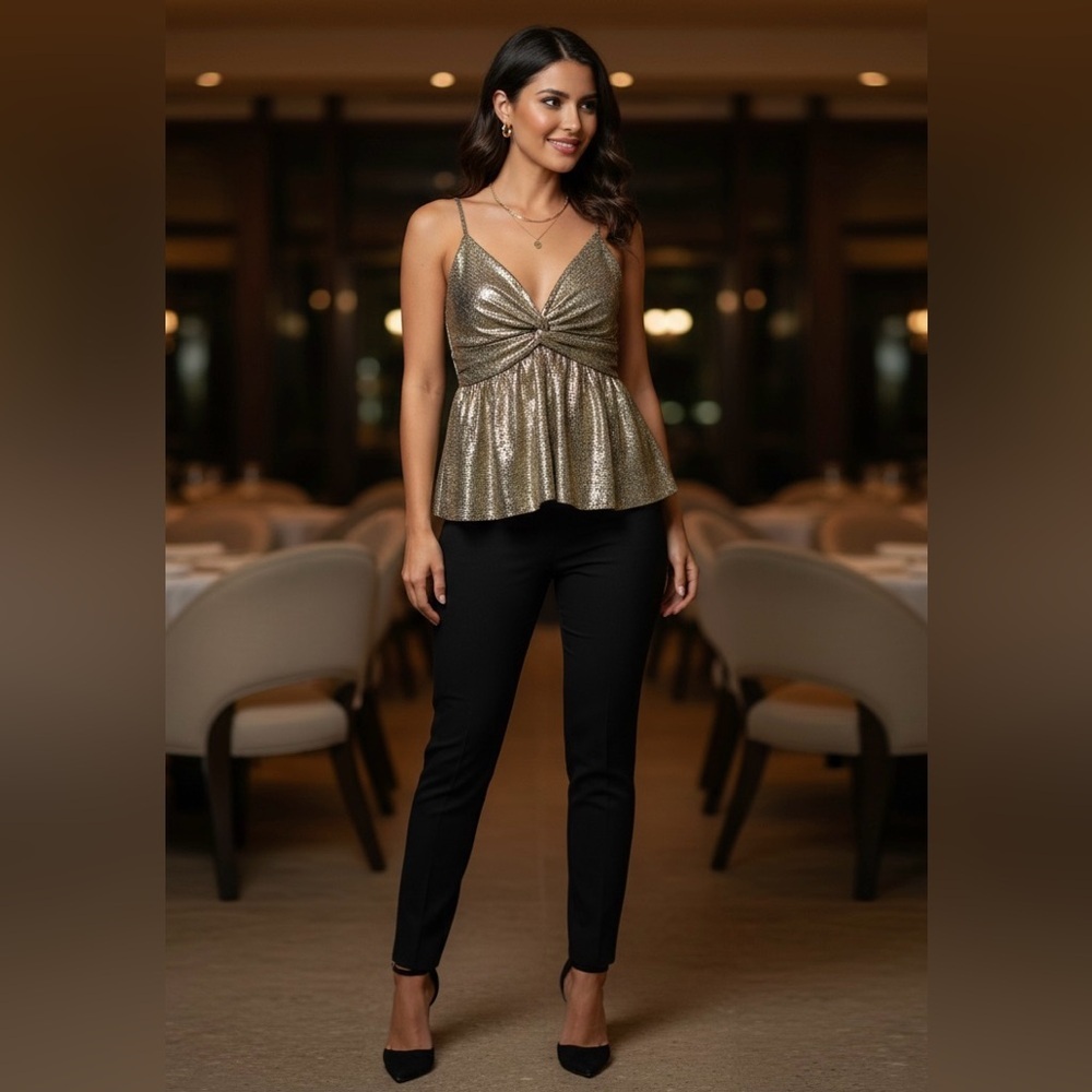 Metallic Skies Are Blue Metallic Gold Shimmer Peplum Top - Size S